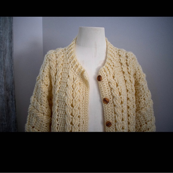 Chunky Buttery Yellow Hand Knit Cardigan, Medium - Picture 6 of 10